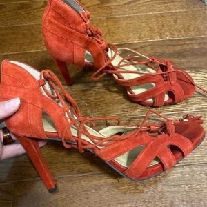 Red suede heeled sandal with straps